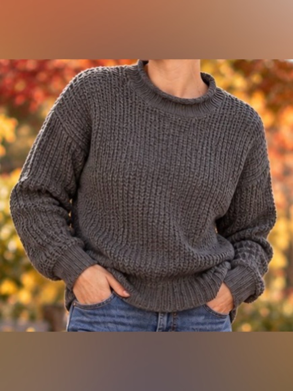 L.L. Bean Ribbed Crewneck Sweater in Charcoal & Tan 100% Organic Cotton - M